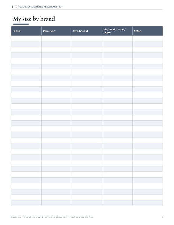 Preview of Printable Brand Size Tracker