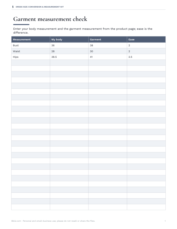 Preview of Garment vs Body Measurement Worksheet